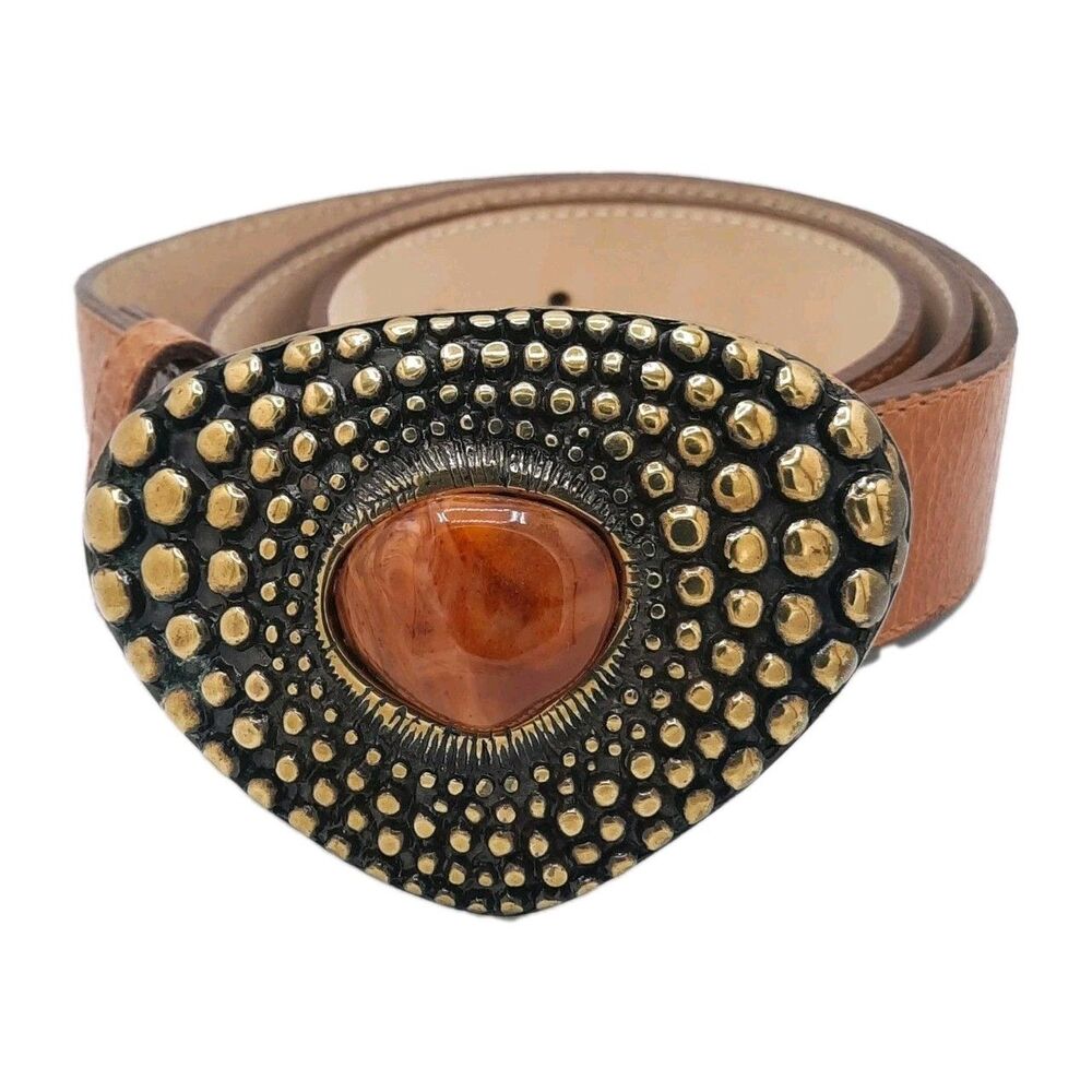 LEATHEROCK Vintage Boho Western Statement Belt Leather Brass Agate Stone Sz 36 - Picture 3 of 7